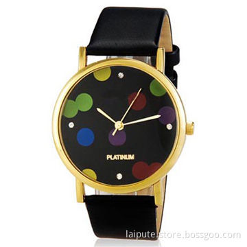 Women's Polka Dot Printed Round Analog Watch with Faux Leather Strap, IPG Plating, Black Color